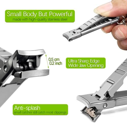 Portable Keychain Nail Clipper with Ear Pick, UItra Thin Nail Clippers for Men Medical Grade Stainless Steel Wide Jaw Folding Slim Sharp Fingernail Cutter for Travel