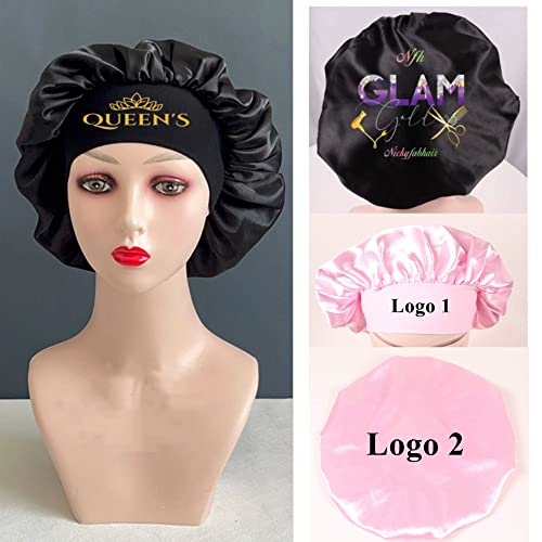 Customize Satin Bonnet Silk Hair Bonnet for Sleeping Black Women, 10 PCS Custom Private Logo Hair Wrap Cap (Logo on top, Coffee)