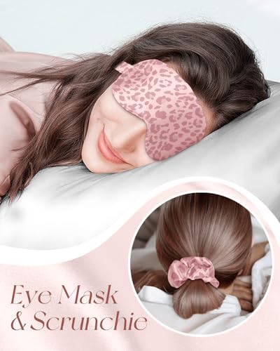 Silk Bonnet for Women - Mulberry Silk Sleep Cap for Hair Care with Eye Mask & Scrunchie 19 Momme Night Cap Sleeping Set with Elastic Stay On Head, Leopard