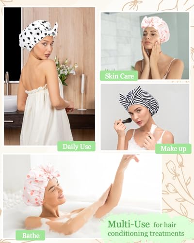 Shower Cap Luxury Shower Caps for Women Reusable Waterproof Hair Cap for Shower with Adjustable Bowknot Hair Bath Cap (Pink)