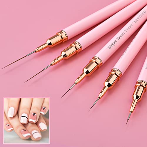 Striping Nail Art Brushes, 6pcs Super Fine Striper Brush Set for Long Lines, Thin Details, Fine Drawing, Delicate Coloring, Elongated Lines, Pink Metal Handle Nail Brushes (5/7/9/11/15/25mm)