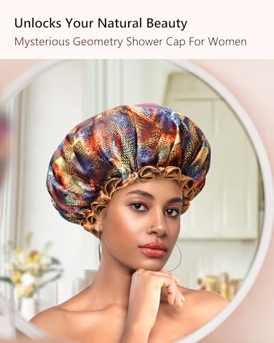 mikimini Large Shower Cap for Women Long Hair,2PCS,Mystery Shower Caps with Brown Lace, Reusable Waterproof Bathing Shower Hat