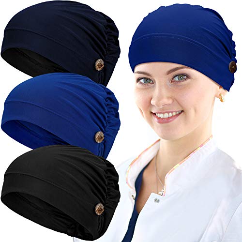 Geyoga 3 Pieces Bouffant Caps with Buttons Unisex Stretchy Headband Turban with Buttons for Women