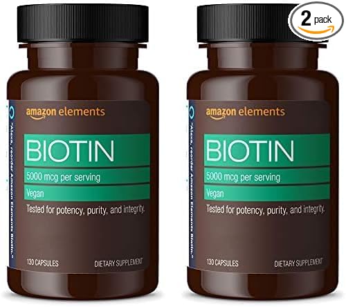 Amazon Elements Vegan Biotin 5000 mcg - Hair, Skin, Nails, 130 Capsules (4 Month Supply) (Packaging May Vary) (Pack of 2)