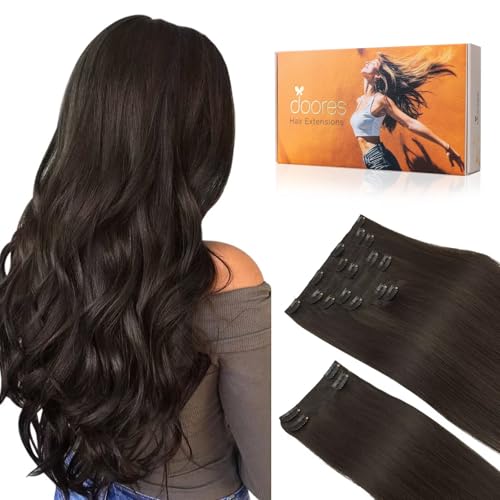 DOORES Clip in Hair Extensions Real Human Hair, Dark Brown 150g 9pcs 20 Inch, Clip in Extensions Real Natural Weft for Women Thick Silky Straight Weft