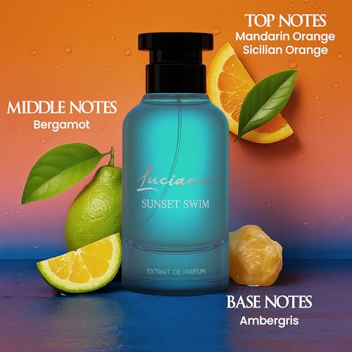 Lucianno Sunset Swim Extrait De Parfum 100mL – Long Lasting Perfume for Men & Women – Refreshing Citrus Scent with Bergamot, Ginger & Coconut Milk – Luxury Perfume for Daily Wear