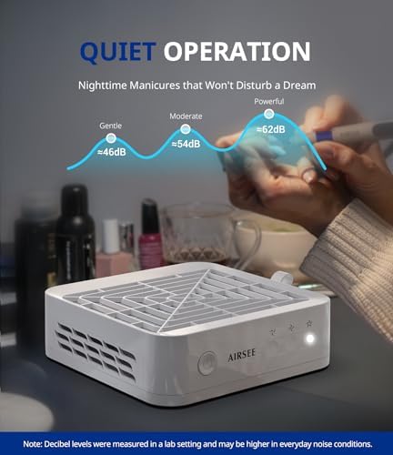 AIRSEE GD3 Powerful Nail Dust Collector, Professional Manicure Pedicure Vacuum for Acrylic Gel Nail Polishing with Reusable Filter, Home & Salon, White