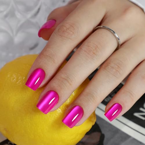 Soft Gel Hot Pink Press on Nails Short - Cat Eye Press on Nails Square for Women Gift, Natural Fit & Glossy Stick on Nails with Glue in 16 Sizes - 32 Reusable Fake Nails, Hot Pink