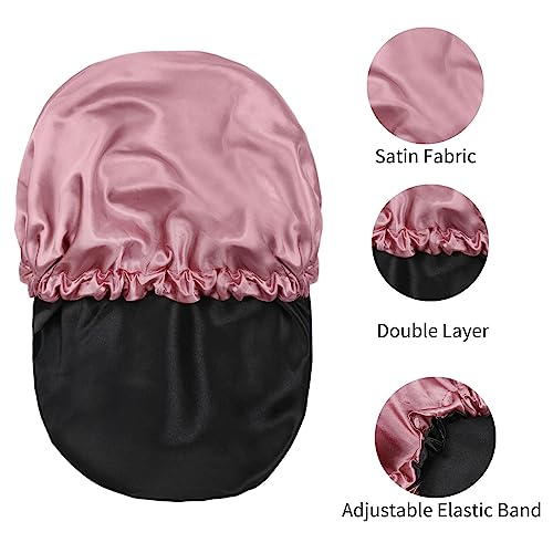 Satin Bonnet Silk Hair Cap: 2pcs Double Layer Reversible Extra Large Jumbo Adjustable Satin Lined Stainless Oversized Bonnets Sleep Night Cap No Slip-Off for Women Braids Sleeping (Black+Rosegold)
