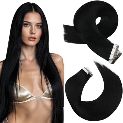 Moresoo Black Tape in Hair Extensions Human Hair Invisible PU Tape in Extensions Straight Glue in Extensions Remy Human Hair Extensions Glue in Straight Hair 18 Inch #1 20pcs 50g