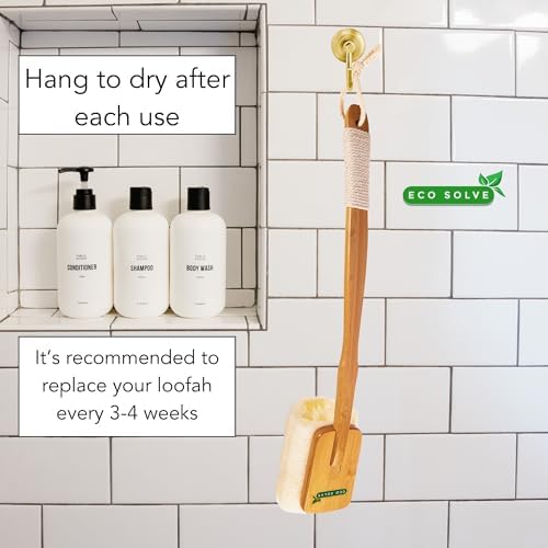 Natural Loofah Shower Scrubber w/Removable Bamboo Handle, Gentle Exfoliation, Long-Ergonomic Handle w/Hemp Rope Grip, Extra Loofah Included for Close Washing, Plastic-Free, Eco-Friendly