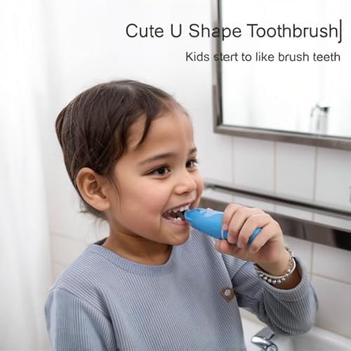 Ariie Ultrasonic Kid's U-Shaped Electric Toothbrush, IPX7 Waterproof, Waterproof Battery Powered 360 Oral Teeth Cleaning Design, Automatic Toddler Toothbrush with Food Grade Soft Silicone Brush Head