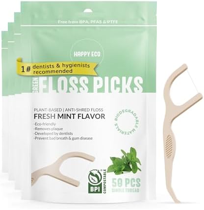 Floss Picks Biodegradable (200pcs) - Natural Dental Floss Picks, Vegan, Sustainable, Reusable, Shred Resistant and Nontoxic Plant-Based Material - Single Thread Mint
