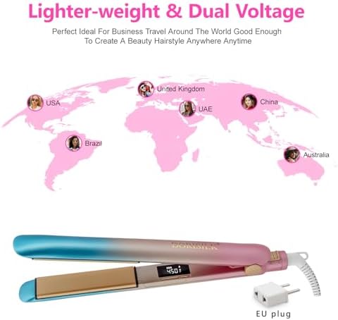 DORISILK Colorful Flat Iron 450 Degrees, Ceramic Hair Straightener and Curler 2 in 1, 30s Fast Heat Straightening Iron for Hair, Dual Voltage Hair Iron 1 Inch Salon Control Temp Gift for Women Girls