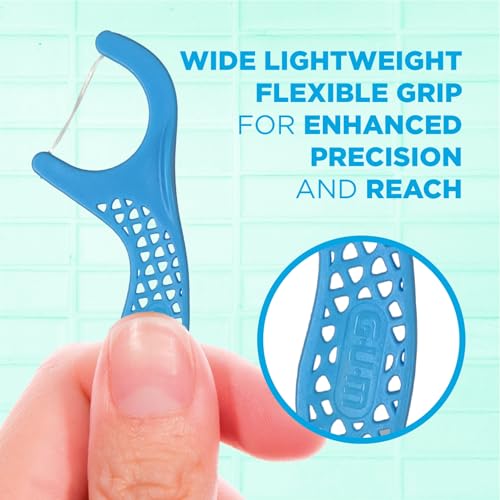 GUM Advanced Care Floss Picks - Dental Flossers for Adults with Vitamin E and Fluoride - Extra Strong Shred-Resistant Dental Floss, Easy Grip Handle, Fresh Mint Flavor, 90 Count (Pack of 6)