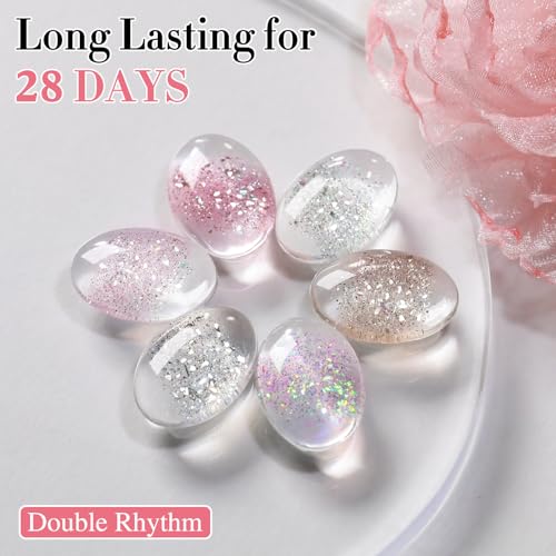 Double Rhythm 0.5 Oz Glitter Gel Polish Set of 6 Color with Display Board 15 ml Full Size Kit Shimmer Reflective Sparkle Soak Off Manicure Salon DIY at Home (Gold Silver Light Pink Rose-T6-35)