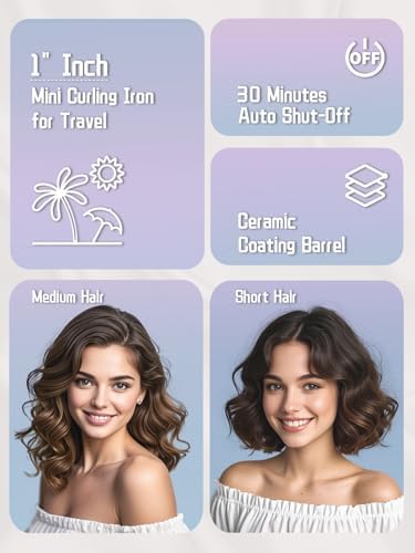 Travel Curling Iron 5 Adjustable Temp, 1 Inch Mini Curling Iron Travel Size with LED Display, Ceramic Mini Hair Curler with Keratin and Argan Oil Infuse, Dual Voltage