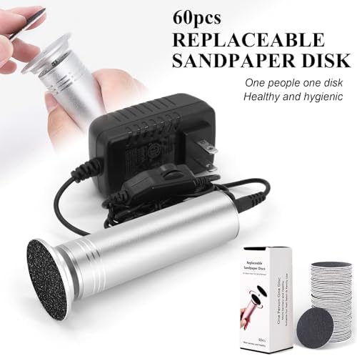 Upgraded Electric Callus Remover for Feet 1200rpm, Adjustable Speed Professional Electric Foot File Pedicure Foot Sander with 60 Replaceable Sandpaper Discs for Heel Dead Skin, Silver