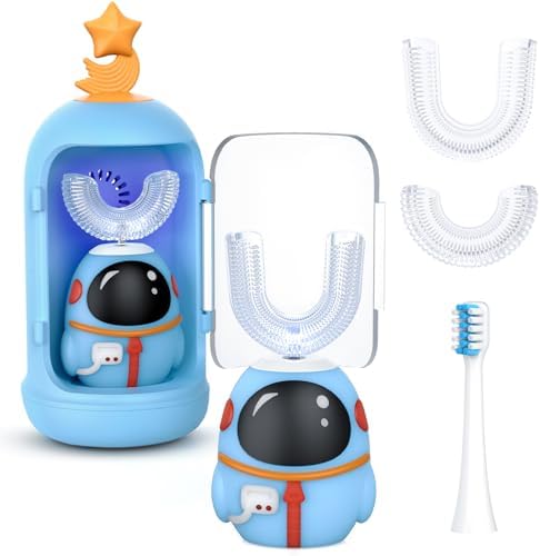 FTOYIN Kids Electric Toothbrush with 3 Brush Heads, U Shaped Ultrasonic Toothbrush Kids with 5 Modes, 45s Smart Reminder, 360-Degree Automatic Cleaning, IPX7 Waterproof Design