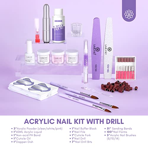 SAVILAND Acrylic Nail Kit with Drill: Professional Clear Pink White Acrylic Powder and Liquid Set with Brush for Beginner Application at Home Salon DIY Nail Extension