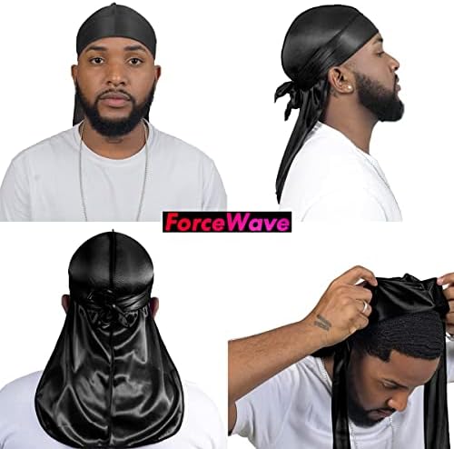 ForceWave 8PCS Silky Durag Men Wave Cap Long Tail Do rag for 360 Wave Dew Rag Packs