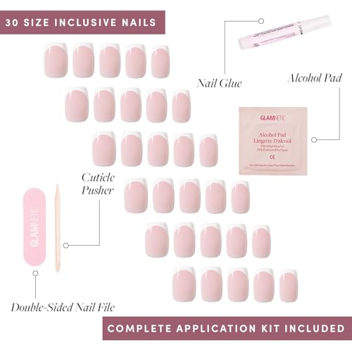 Glamnetic Press On Nails - Classy French | Medium Square Fake Nails, Trendy Micro French Tip, Reusable | 15 Sizes - 30 Nail Kit