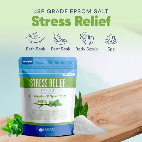 Stress Relief Bath Salt 32 Ounces (2 Lbs) USP Grade Epsom Salt with Natural Spearmint and Eucalyptus Essential Oils Plus Vitamin C in BPA Free Pouch with Easy Press Lock Seal Made in USA