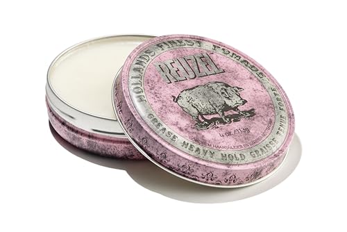 REUZEL Pink Grease Pomade, Strong All Day Hold, Oil-Based Styling Wax, Medium Shine and Flake Free, Easy To Wash Out, For All Hairstyles