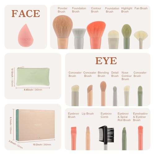 Docolor Makeup Brushes 17 Pcs with Makeup Bag and Makeup Sponge and Brush Protector Morandi Makeup Brush Set Premium Synthetic hair makeup brush Wooden handle Gift Box