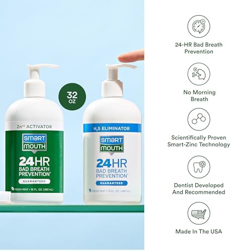SmartMouth 2-Bottle Activated Mouthwash System with Pumps - Adult Mouthwash for Bad Breath - Twice Daily Oral Care System with Zinc Ion Technology - Fresh Mint Flavor, 32 fl oz (16 oz per Bottle)