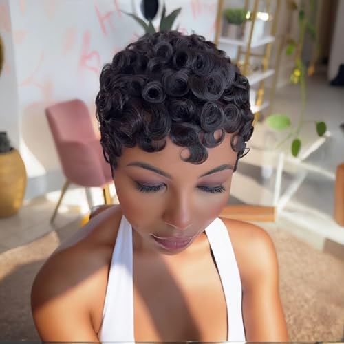 PangDongLai Chic Elegent Pixixe Cut Curly Wigs for Black Women Short Layered Pixie Cut Human Hair Wigs With Bangs Natural Black Color Summer No Glue Short Curly Human Hair Wig