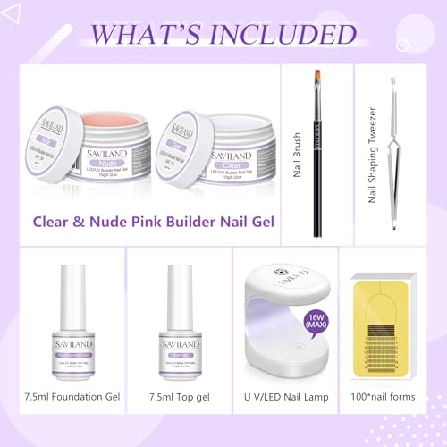 SAVILAND Builder Nail Gel Set - 2 Basic Colors Nail Extension Kit with Foundation Gel Top Gels LED Lamp Brush 100 Pcs Nails Forms at Home Salon