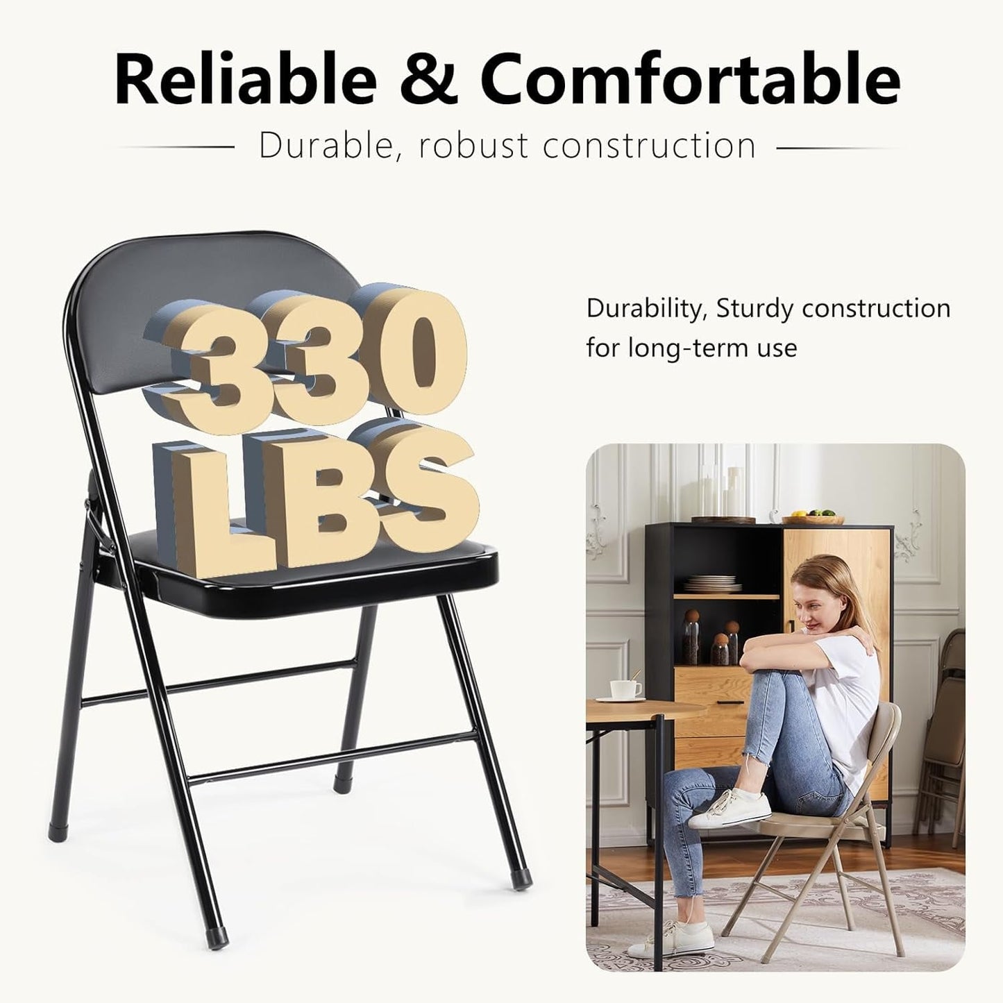 2-Pack Folding Chairs with Padded PU Leather Seat and Metal Frame, Indoor/Outdoor Use, Black