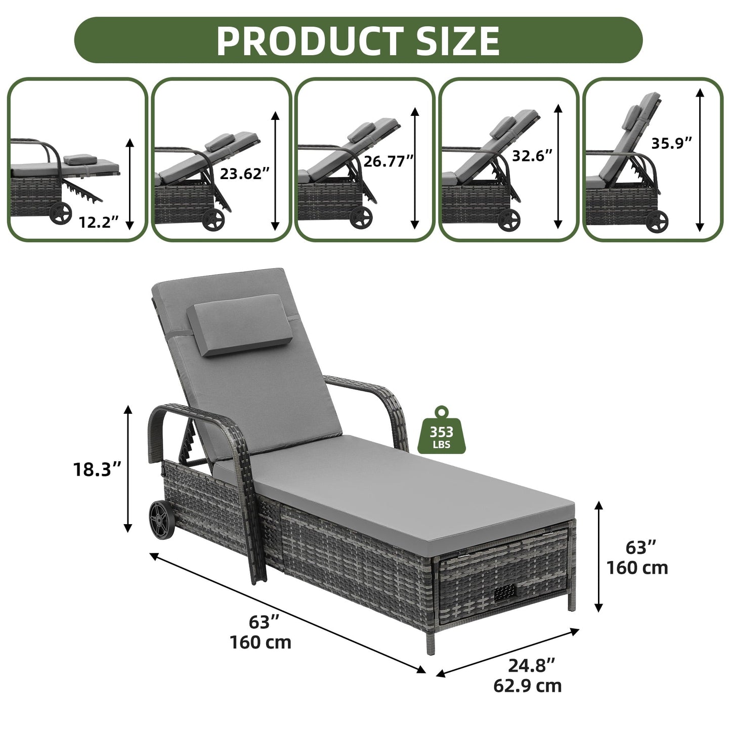 Uforic Wicker Chaise Lounge, 5-Position Lounger with Storage, Cushion, and Wheels, Gradient Gray, 1 Pcs