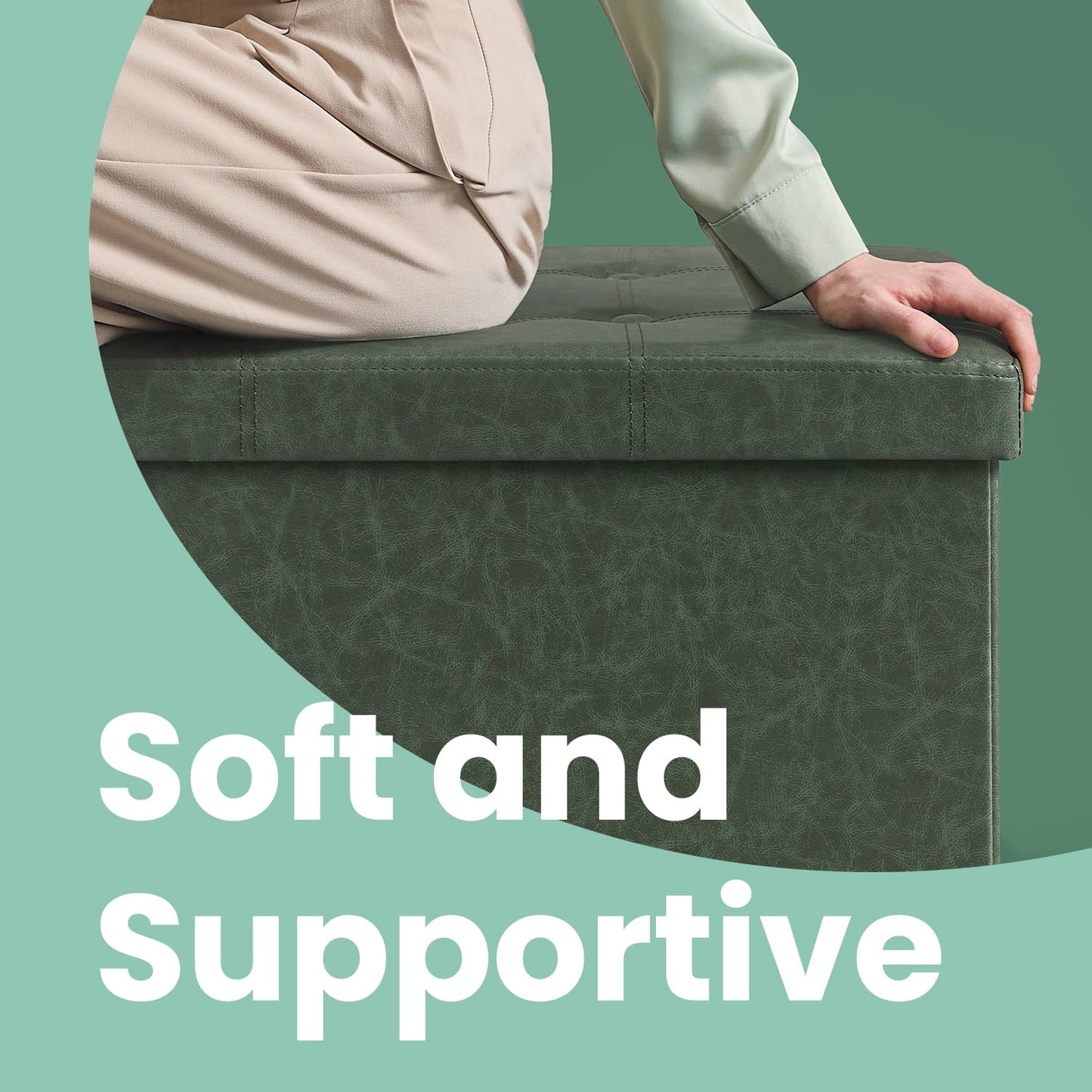 LEDREM 43" Foldable Storage Ottoman Bench, 660lb Capacity, Multifunctional Footrest Stool, Quick Assembly, Synthetic Leather, Forest Green