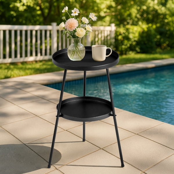 Patio Small Side Table, Round 2 Tier End Table, Metal Round Coffee Table for Indoor Outdoor, Black