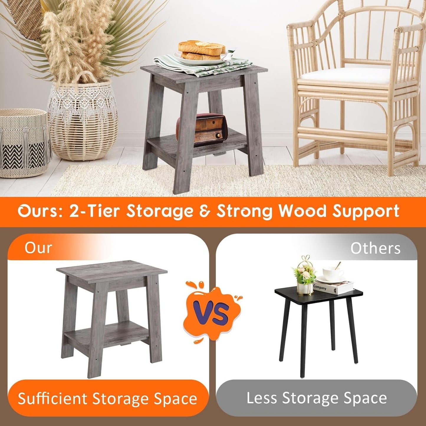 Riedhoff Wooden End Table, Farmhouse 2-Layer Storage Shelves, 15.51 x 11.81 x 18.98", 2 Piece, Gray