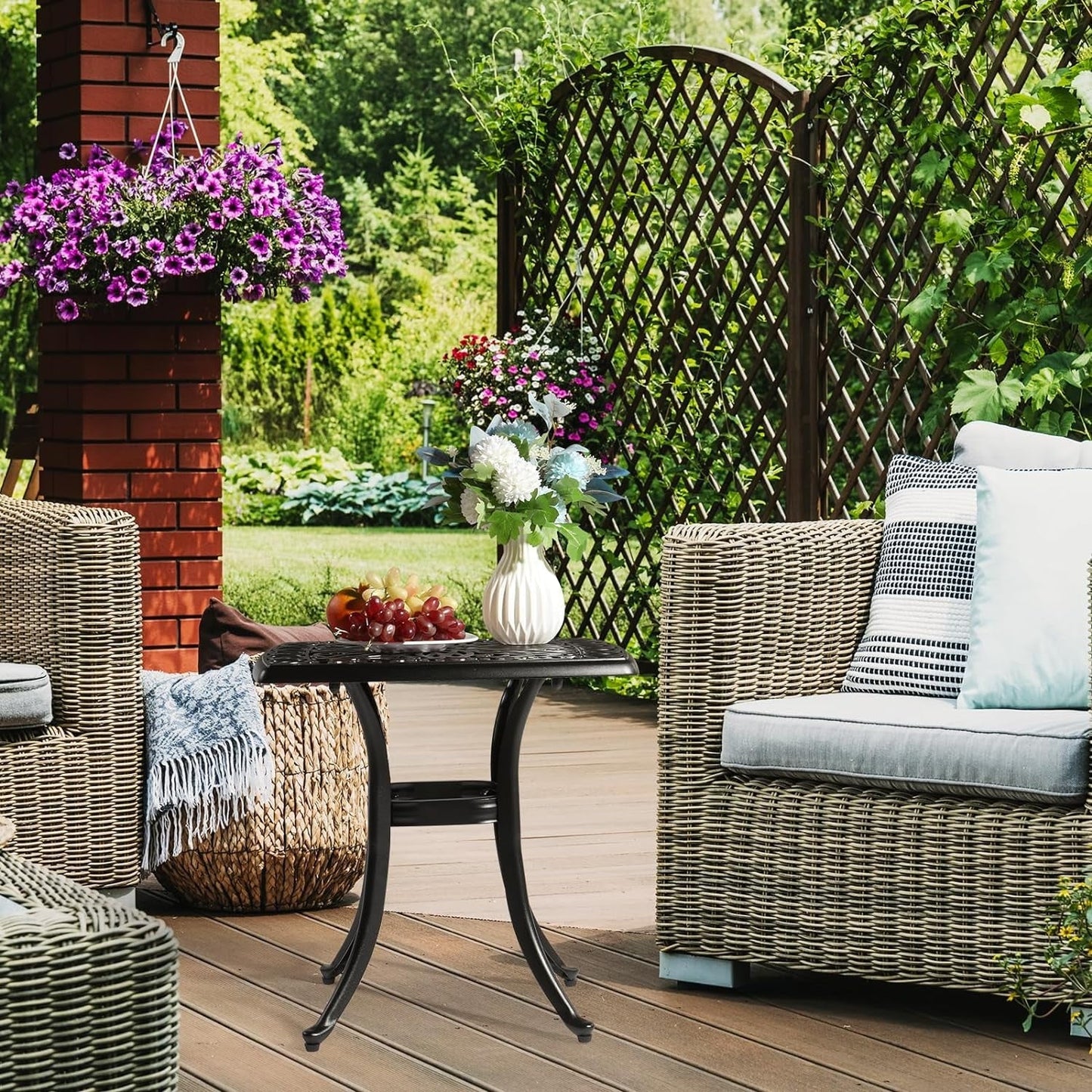 SUPQ 21" Cast Aluminum Patio Table with Umbrella Hole - All Weather, Porch End Table (Black),Square