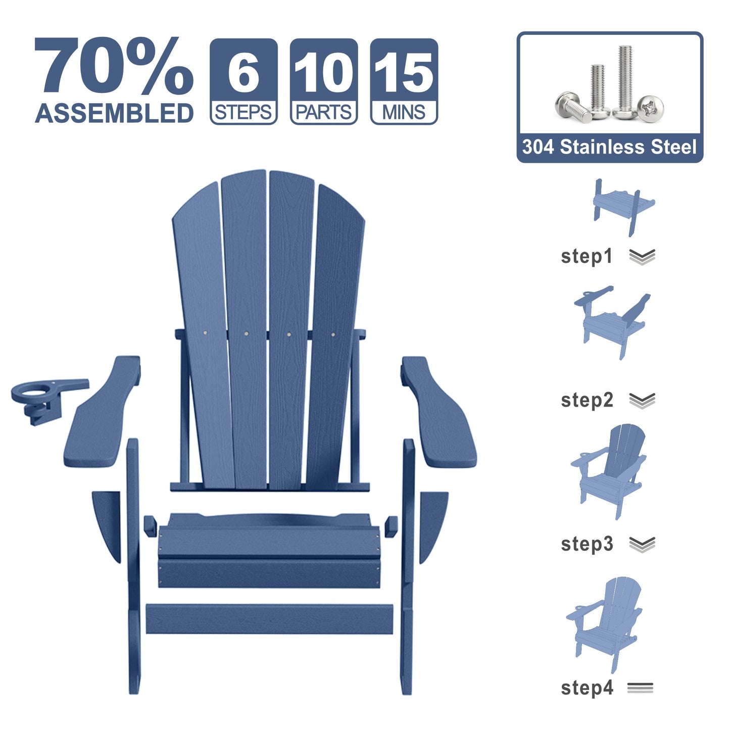 AreShark Adirondack Chair Set of 2,HDPE All-Weather Patio Chairs Outdoor with Cup Holder, Lawn Chair with Weather Resistant for Outside Deck Lawn Garden, Weight Capacity Up to 380 Lbs –Navy