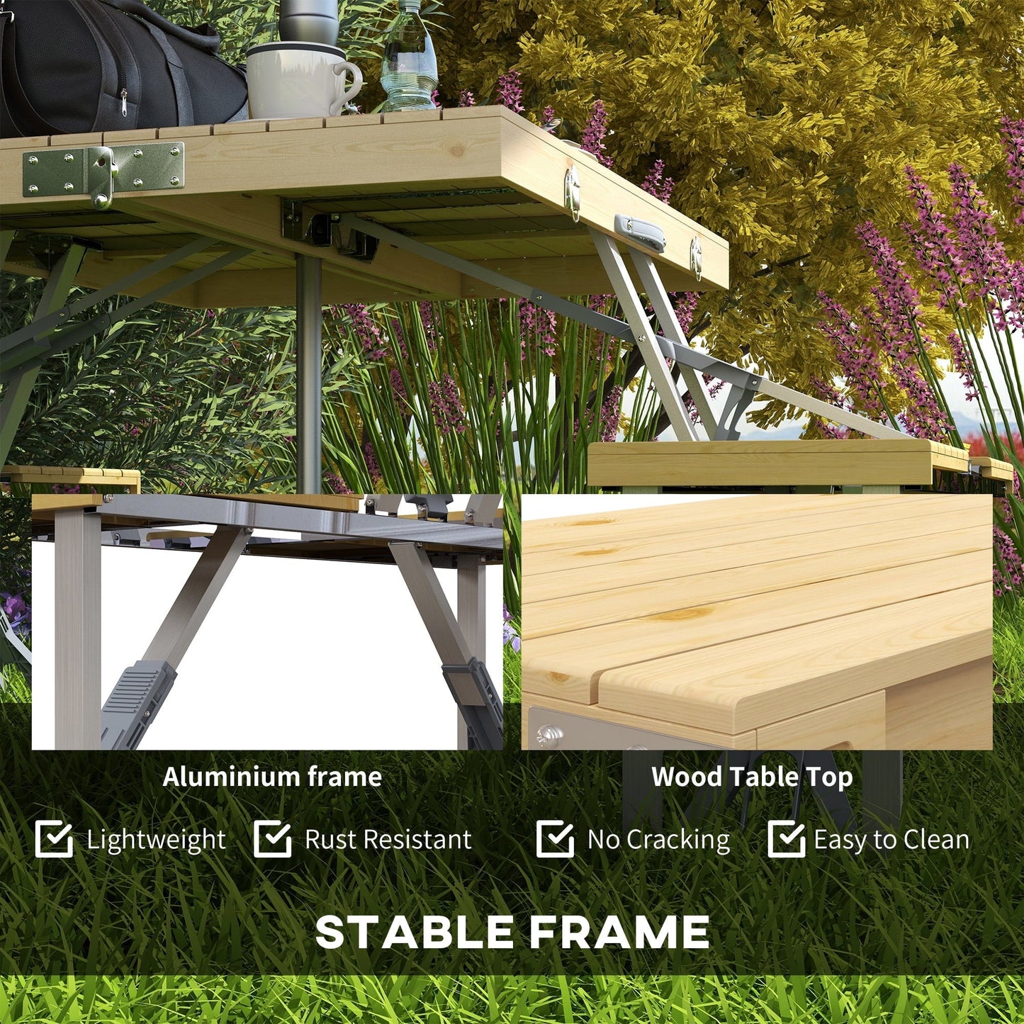 Outsunny Portable Folding Picnic Table with Built-in Umbrella Hole and Aluminum Frame, Includes 2 Foldable Wood Chairs for Patio, Yard & Beach