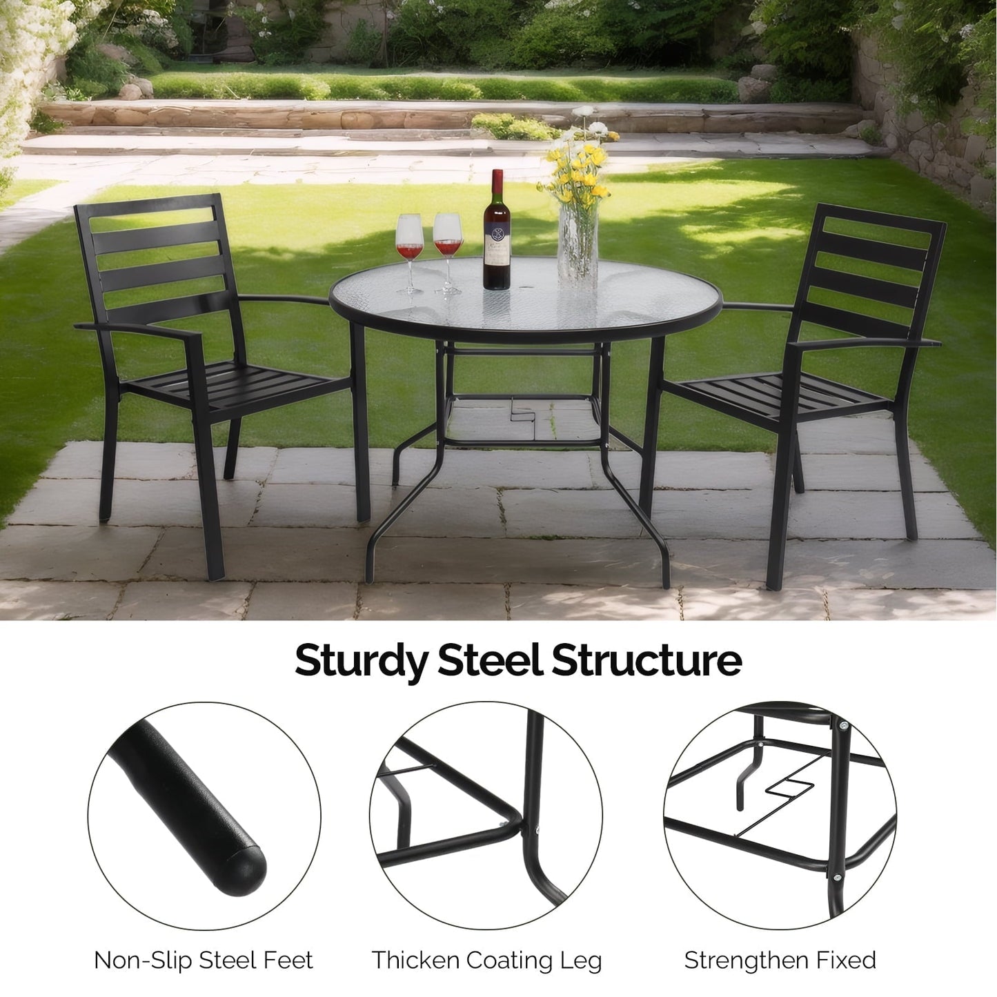 Zimtown 41.3 In Outdoor Glass Table, Patio Round Table, Dining Table with Tempered Glass Tabletop for Indoor, Steel Frame for Yard Lawn Porch Balcony
