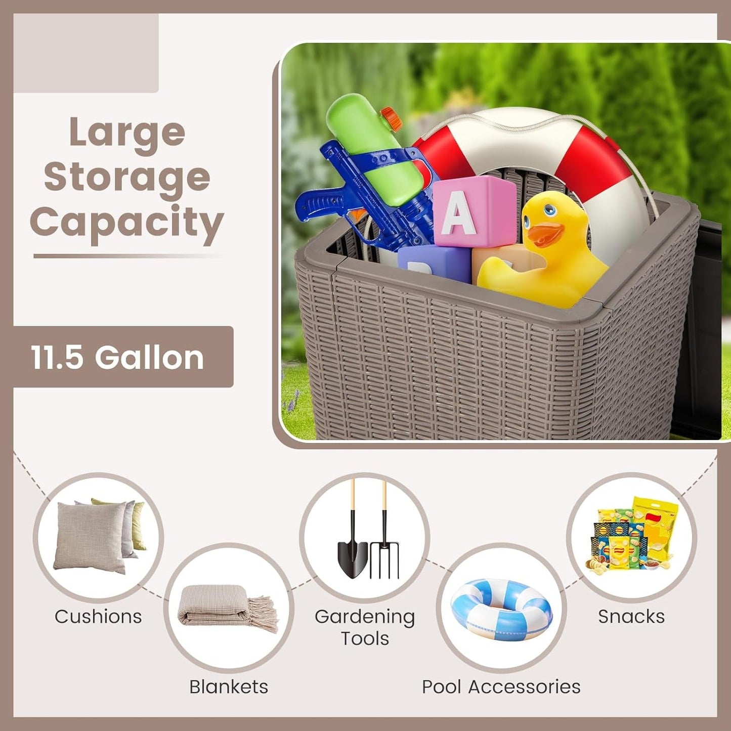 zzppy 11.5 Gallon Deck Box, Outdoor Side Table with Removable Lid, Faux Wicker-Woven, 330Lbs Capacity, Outside Waterproof Storage Box, Resin Rattan Small Coffee Table for Patio Poolside (Brown)