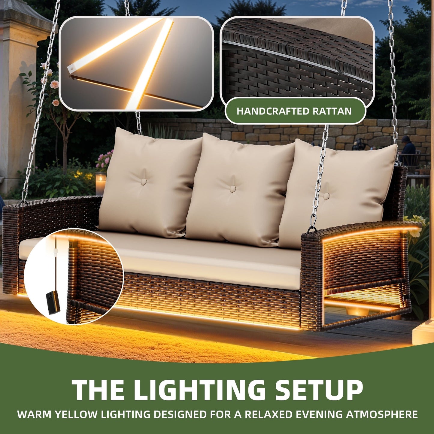 Uforic 3-Seat Outdoor Wicker Porch Swing with LED Lights & Brown Cushions, Patio Hanging Chair