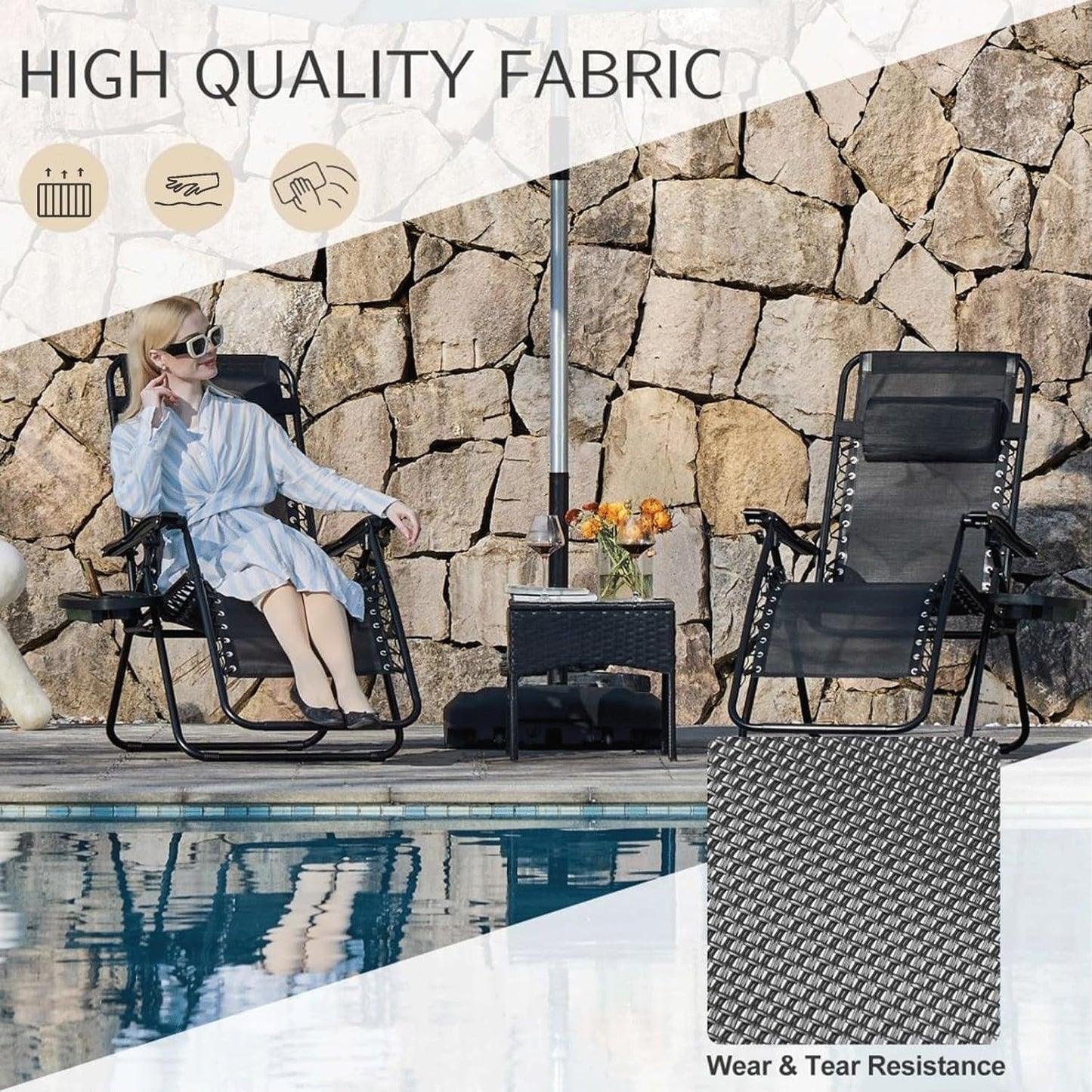 Atilioo Zero Gravity Chairs Set of 2, Adjustable Folding Recliner, Portable Lounge Chair with Steel Frame, Mesh Fabric, Cup Holder Trays & Pillow for Beach, Camping & Patio, Black