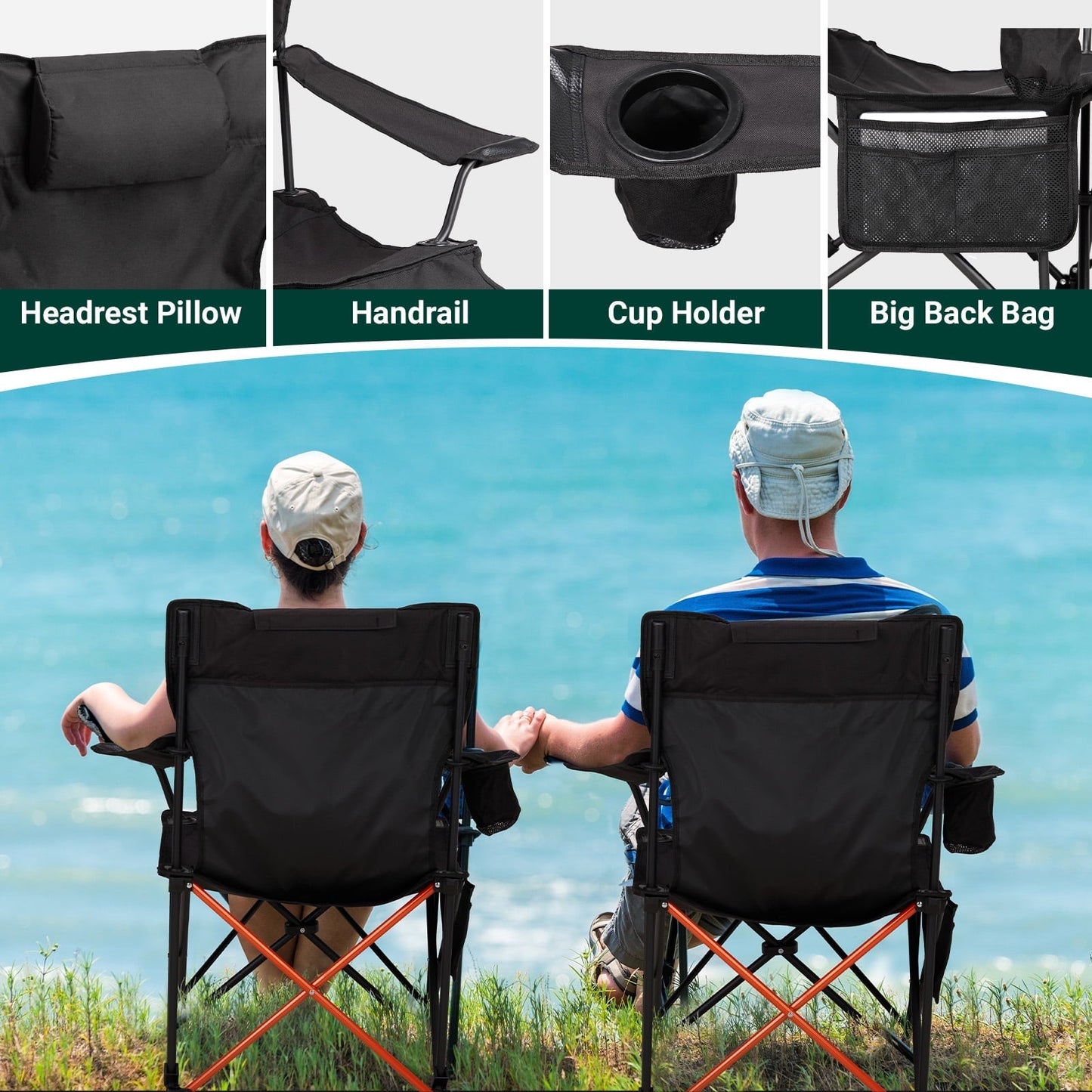 Zimtown 2 Pack Camping Chairs, 2-in-1 Lightweight Camping Chair with Footrest, Adjustable Backrest Seating with Headrest, Cup Holder, Storage Bag
