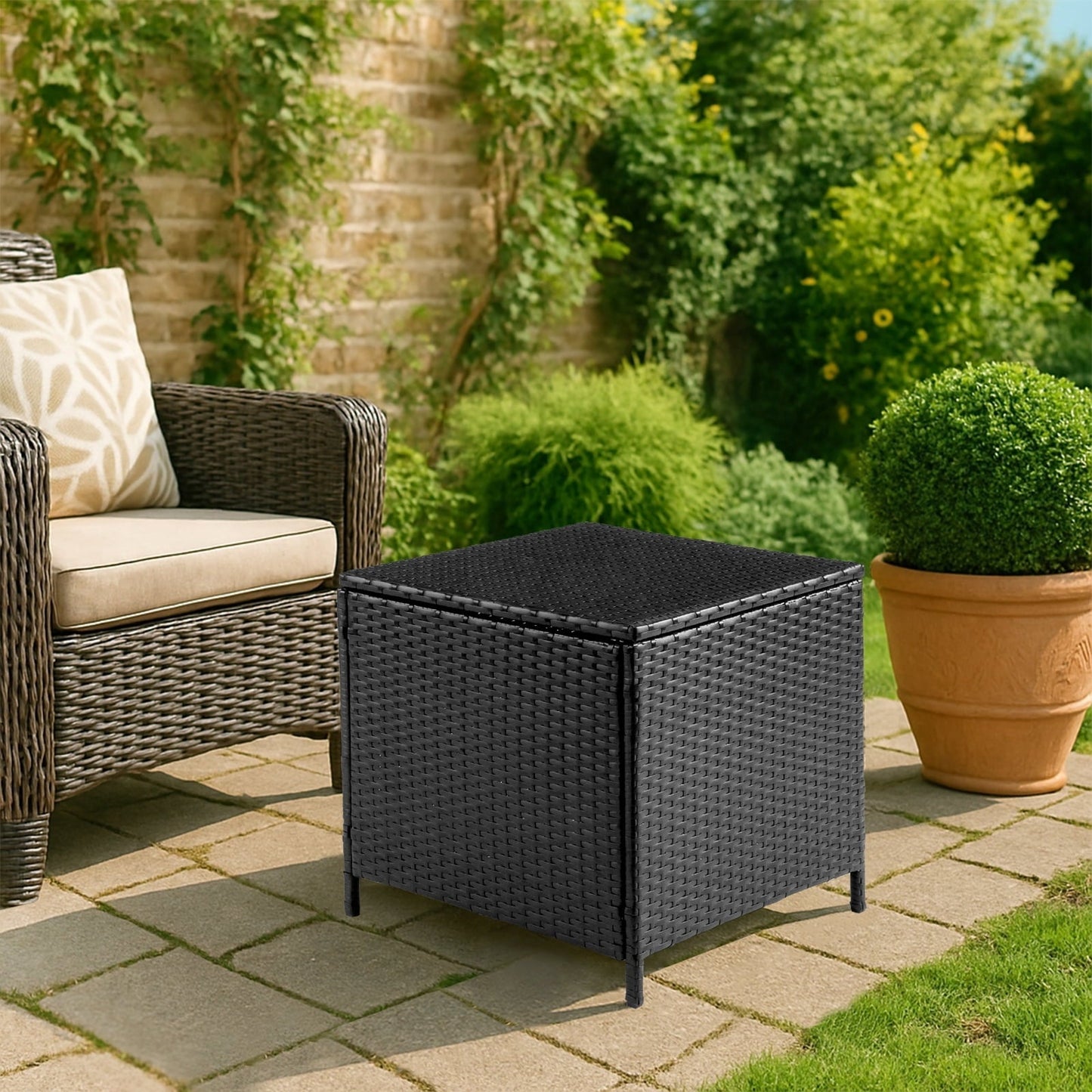 Black PE Rattan Outdoor Side Table with Storage - Square Patio End Table for Furniture Covers, Gardening Tools, and Toys