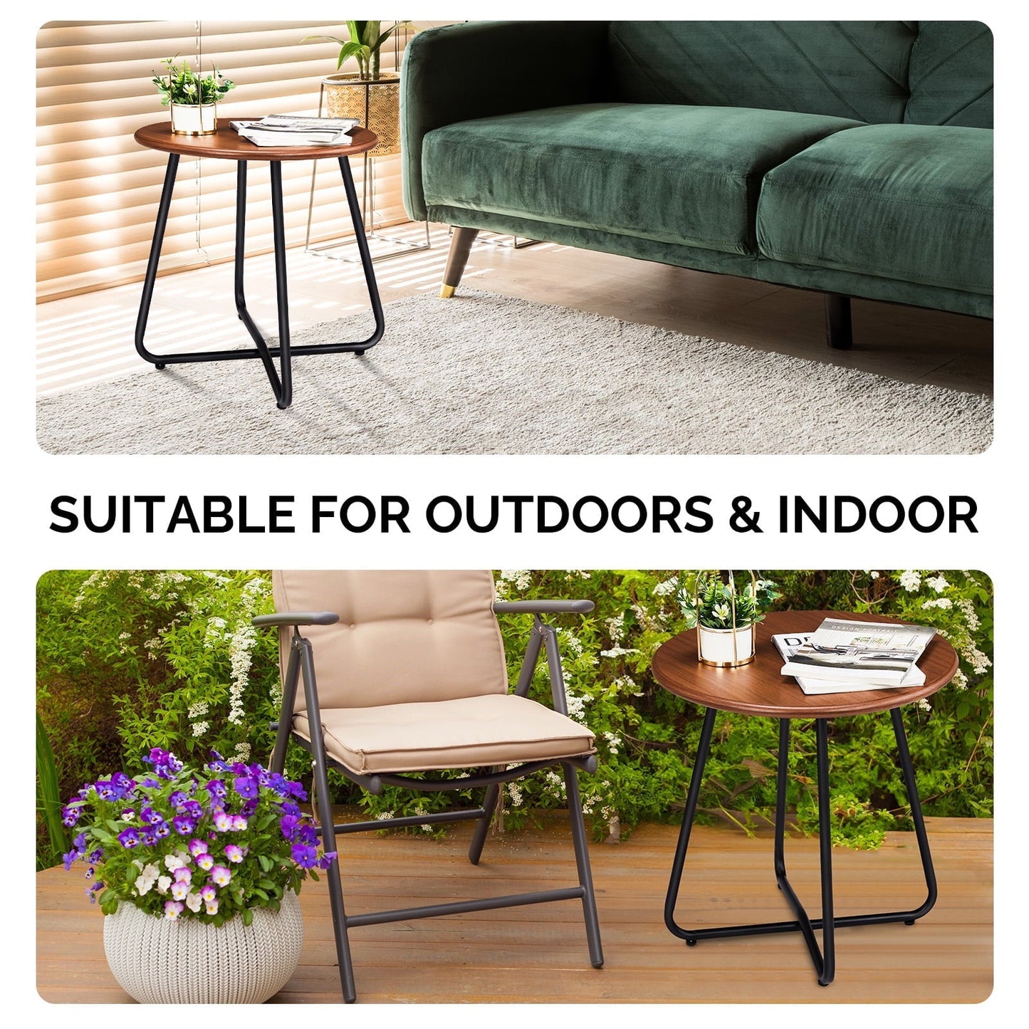 Xilee Outdoor Side Table with Imitation Wood Tabletop,19 Inch Round Table, Anti-Rust Waterpoof Metal Small Dining Table for Patio, Outside, Camping, Balcony