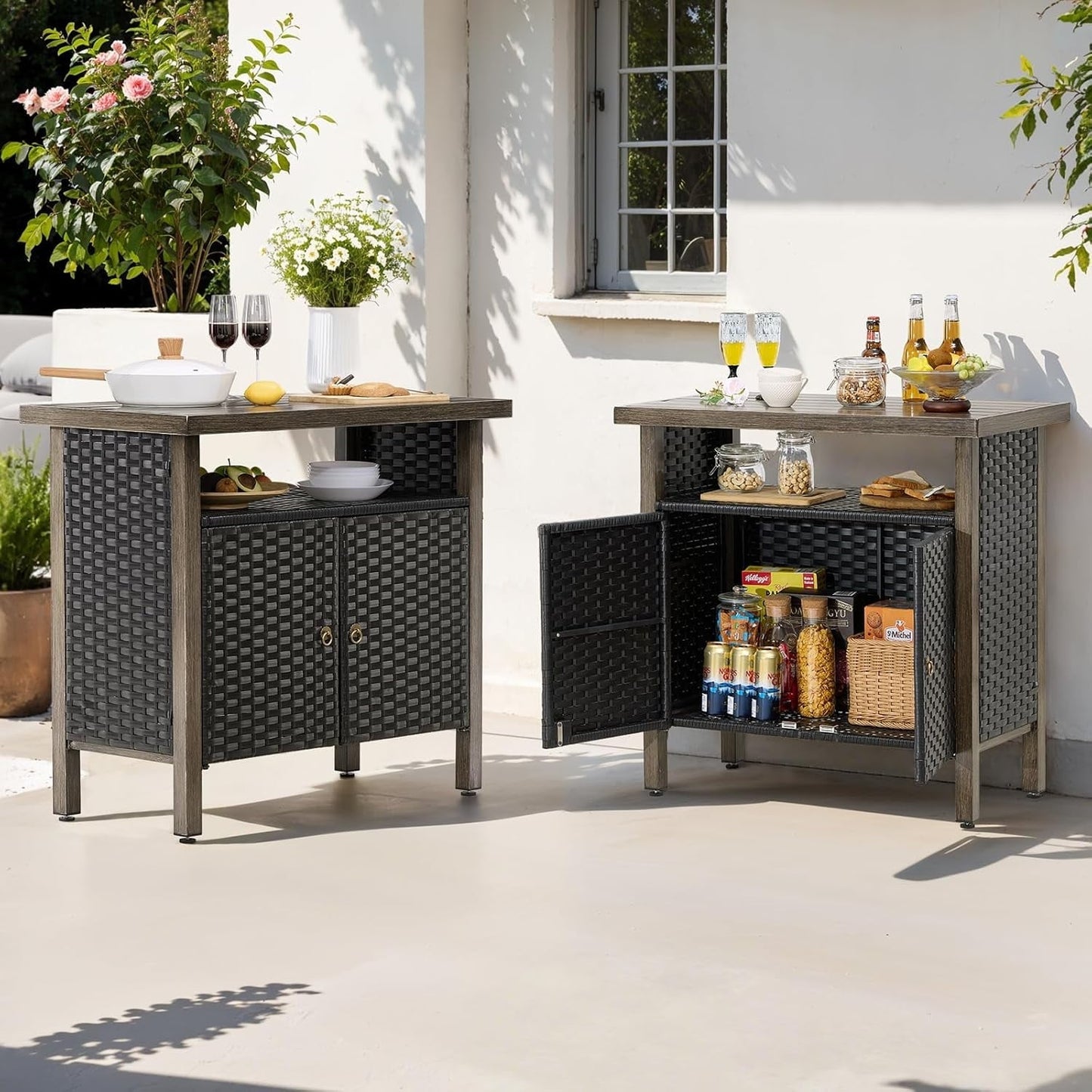 WANSHUN Outdoor Storage Cabinet, Woven Rattan Bar Table with 2 Doors, Slatted-Top, Wicker Console Table for Patio, Garden, Backyard, Kitchen - Black