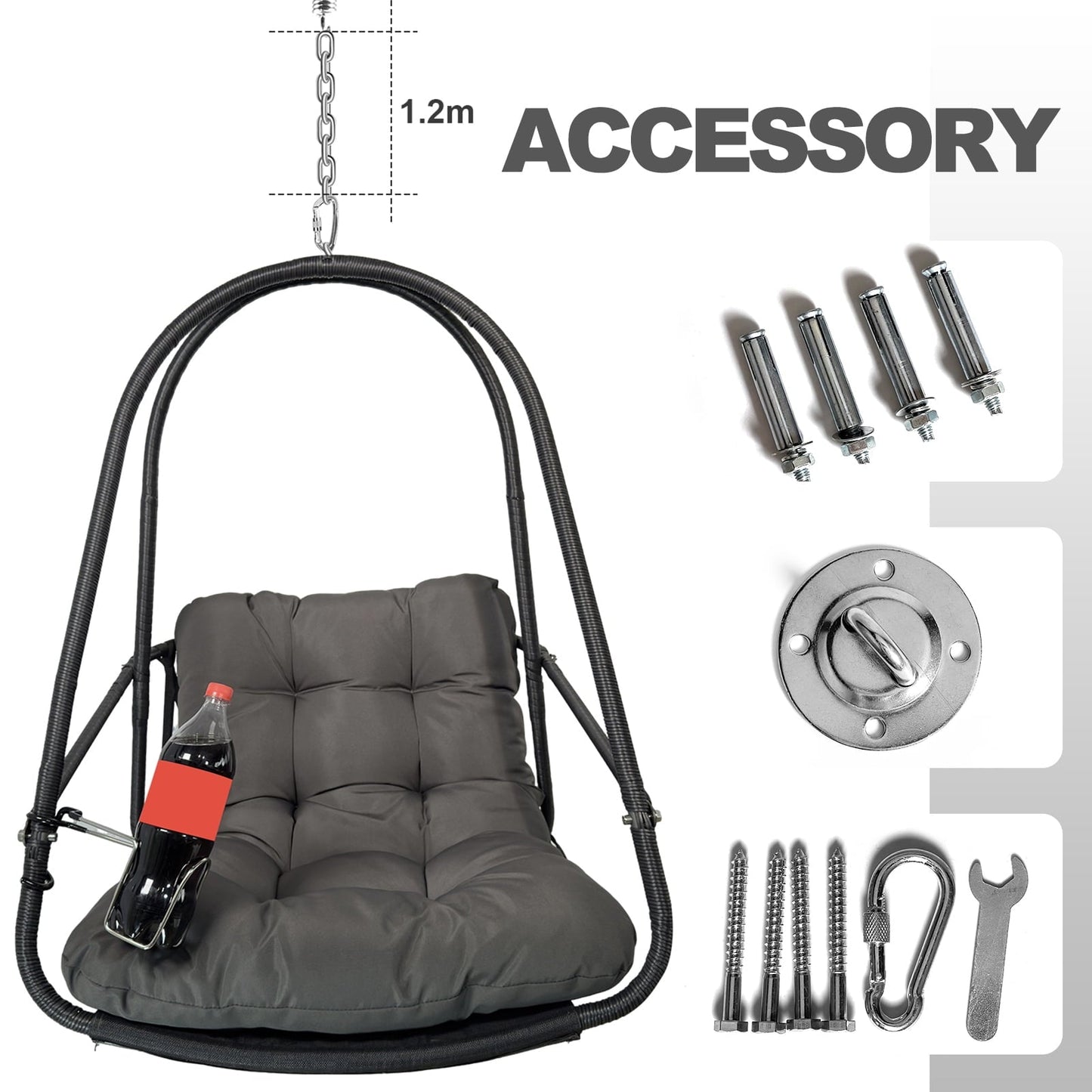 Patio Seating Swing Egg Chair with Stand Indoor Outdoor Wicker Rattan Patio Basket Hanging Chair with C Type bracket , with cushion and pillow,Patio Wicker folding Hanging Chair( Special construction