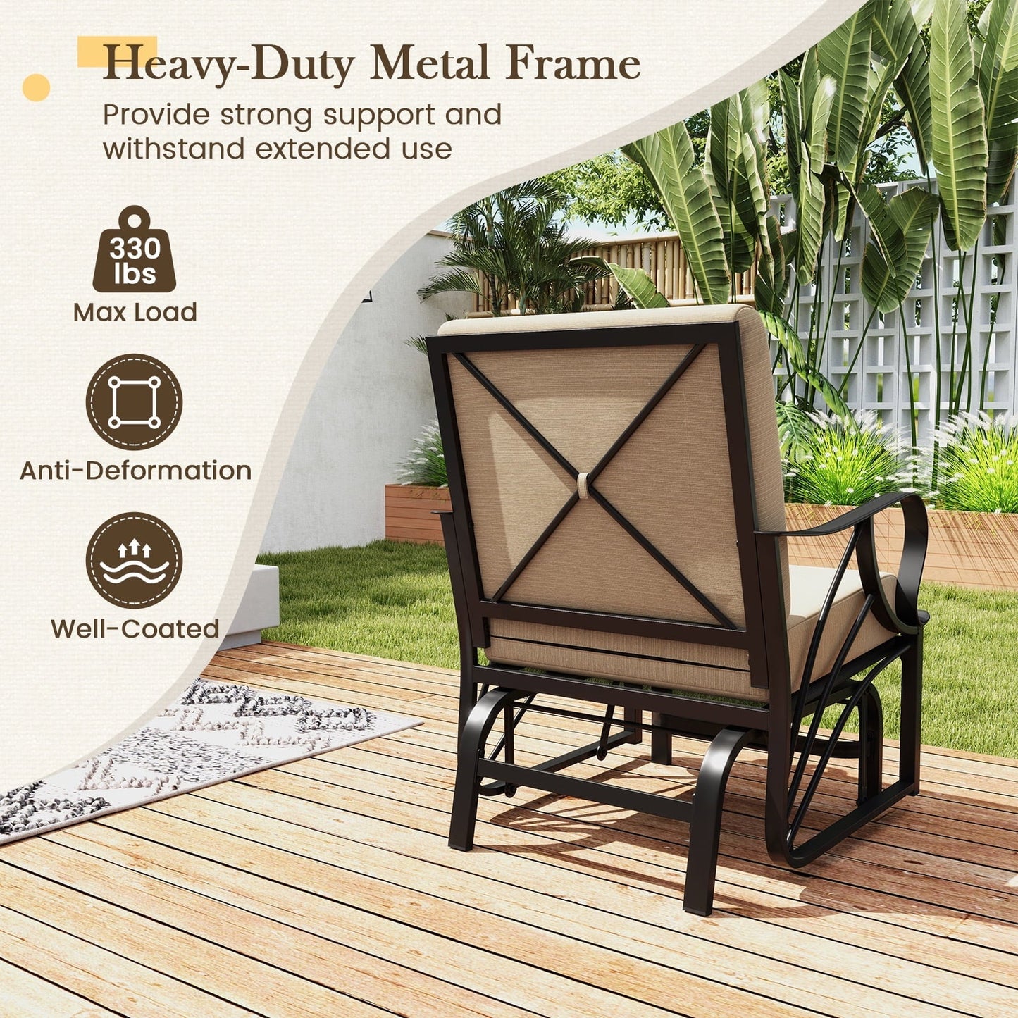 Topbuy 2 Pcs Outdoor Glider Chair Smooth Rocking Single Chair w/ Thick Cushions & Heavy-Duty Metal Frame Tan